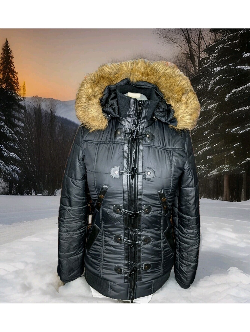 SILVER JEANS CO WINTER TOGGLE PUFFER JACKET COAT HOODED FUR LEATHER WOMENS SMALL